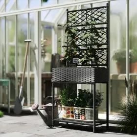 Outdoor Wicker Planter with Trellis & Storage Shelf – Black