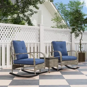 3-Piece Wicker Rocking Conversation Set – Gray & Blue