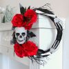 Halloween Skull & Red Rose Wreath – Gothic Front Door Décor