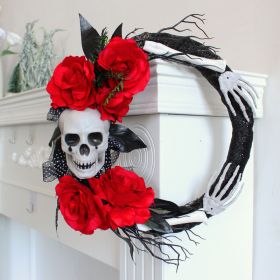 Halloween Skull & Red Rose Wreath – Gothic Front Door Décor