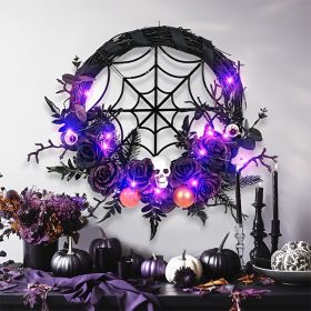 Pre-Lit Halloween Spider Web Wreath with Purple LED Lights