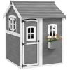 Kids' Wooden Playhouse, Outdoor with Floors, Doors, Windows, Planter Box for Ages 3-8, Backyard or Garden