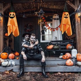 2-Pack Hanging Pumpkin Ghosts with Wizard Hats – Halloween Tree & Porch Decorations