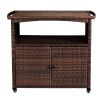 Outdoor Bar Cart with Storage Cabinet, Patio Wicker Sideboard Buffet Cabinet Prep Table, Outside Kitchen Serving Cart with Rolling Wheels & Handles, B