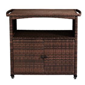 Outdoor Bar Cart with Storage Cabinet, Patio Wicker Sideboard Buffet Cabinet Prep Table, Outside Kitchen Serving Cart with Rolling Wheels & Handles, B