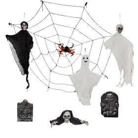 8-Piece Outdoor Halloween Decoration Set | Hanging Ghosts, Skeleton, Gravestones & Spider Web