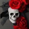 Halloween Skull & Red Rose Wreath – Gothic Front Door Décor