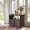 Outdoor Bar Cart with Storage Cabinet, Patio Wicker Sideboard Buffet Cabinet Prep Table, Outside Kitchen Serving Cart with Rolling Wheels & Handles, B