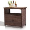 Outdoor Bar Cart with Storage Cabinet, Patio Wicker Sideboard Buffet Cabinet Prep Table, Outside Kitchen Serving Cart with Rolling Wheels & Handles, B