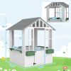 Kids Wooden Playhouse, Outdoor Garden Games Cottage with Flowers Pot Holder, Working Door, Windows, White