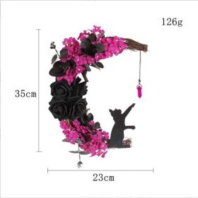 Mystical Moon Cat Halloween Wreath – Crescent Moon Door Décor (Color: L2-11 Plum Red and Black Nine Crown Jewels)