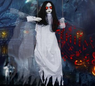 Life-Size Animated Halloween Swinging Girl – Sound & Touch Activated Hanging Decoration (4 Styles) (Style: Halloween hanging white robed ghost)