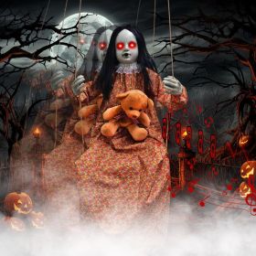 Life-Size Animated Halloween Swinging Girl – Sound & Touch Activated Hanging Decoration (4 Styles) (Style: Halloween hanging girl with bear doll)